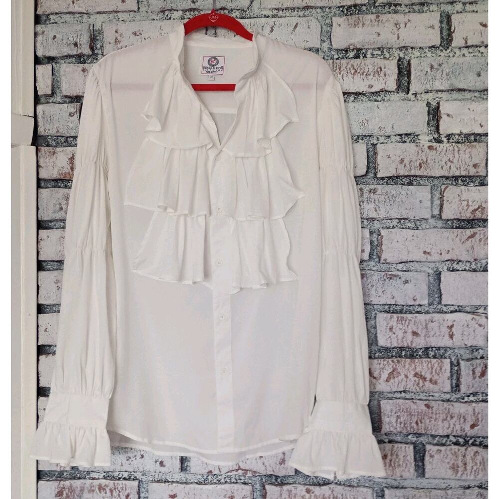 White Ruffle Poet Blouse Mandarin Collar Women M Romantic Buisness Casual Pirate